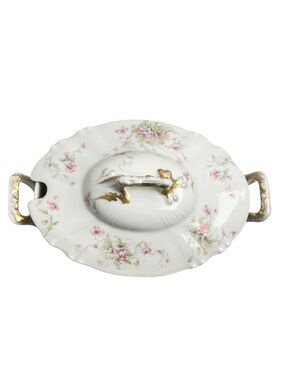 Antique Haviland Limoges France Oval Covered Tureen - Pink Floral and Gold Gilt